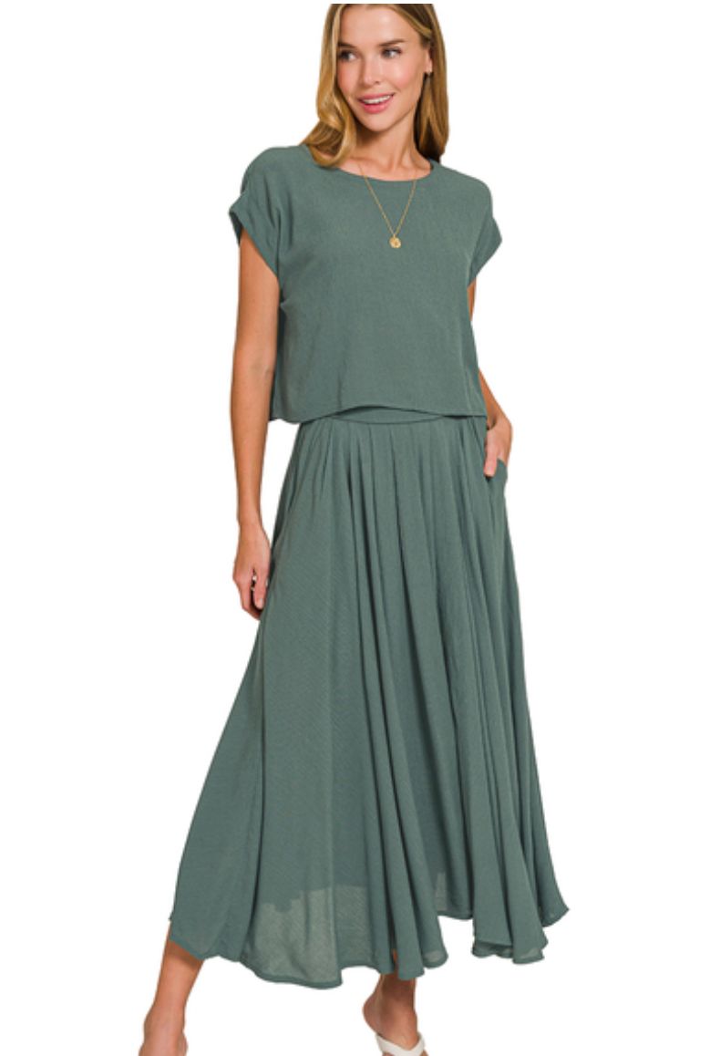 Zenana Ash Jade Woven Crop Tee &amp; Skirt Set