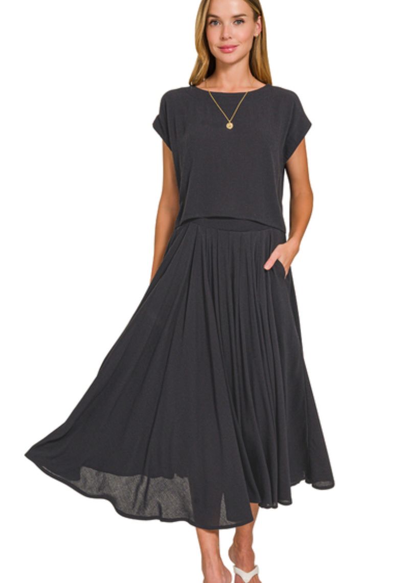 Zenana Black Woven Crop Tee &amp; Skirt Set