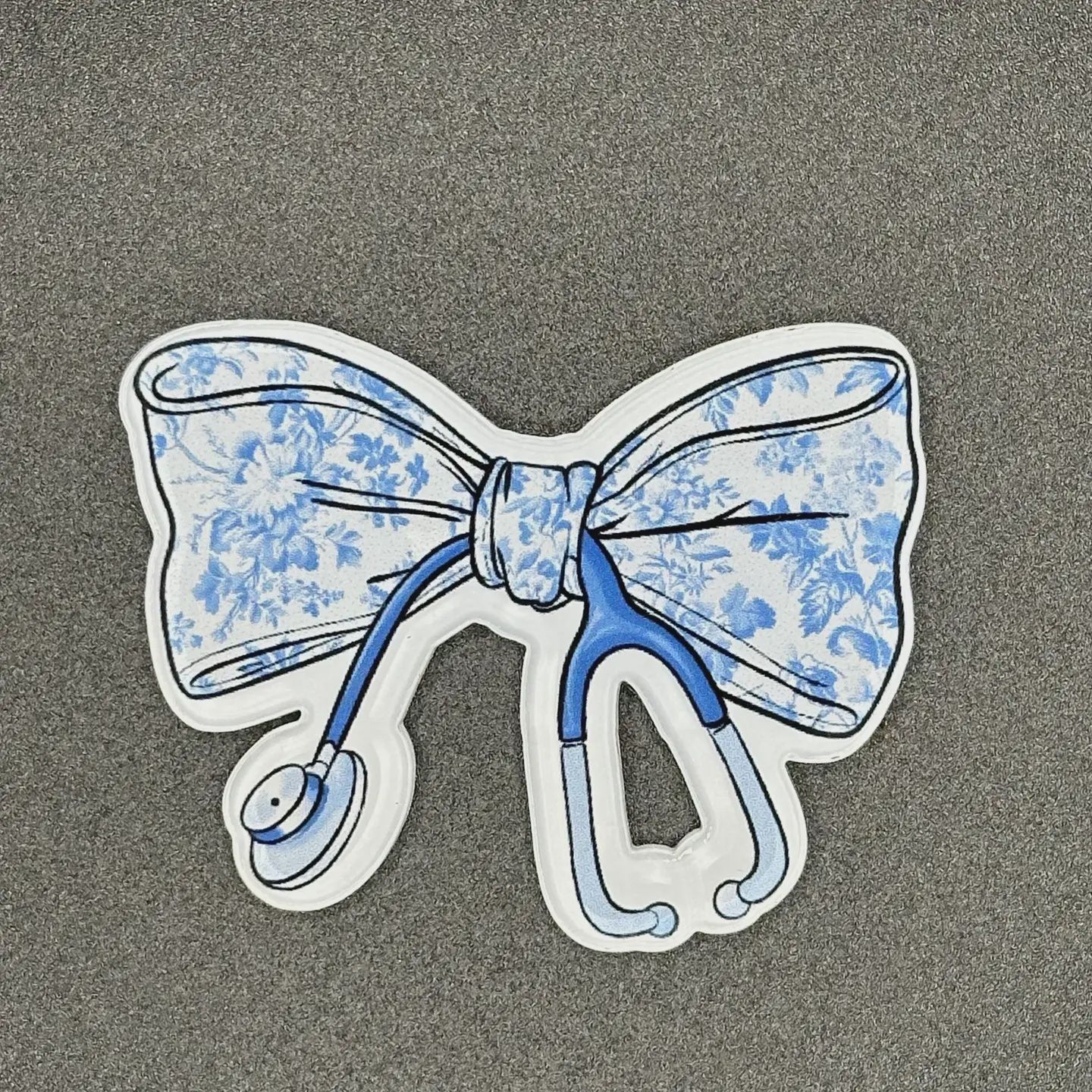 Hello Darling Designs Blue Floral Bow with Stethoscope Badge Reel
