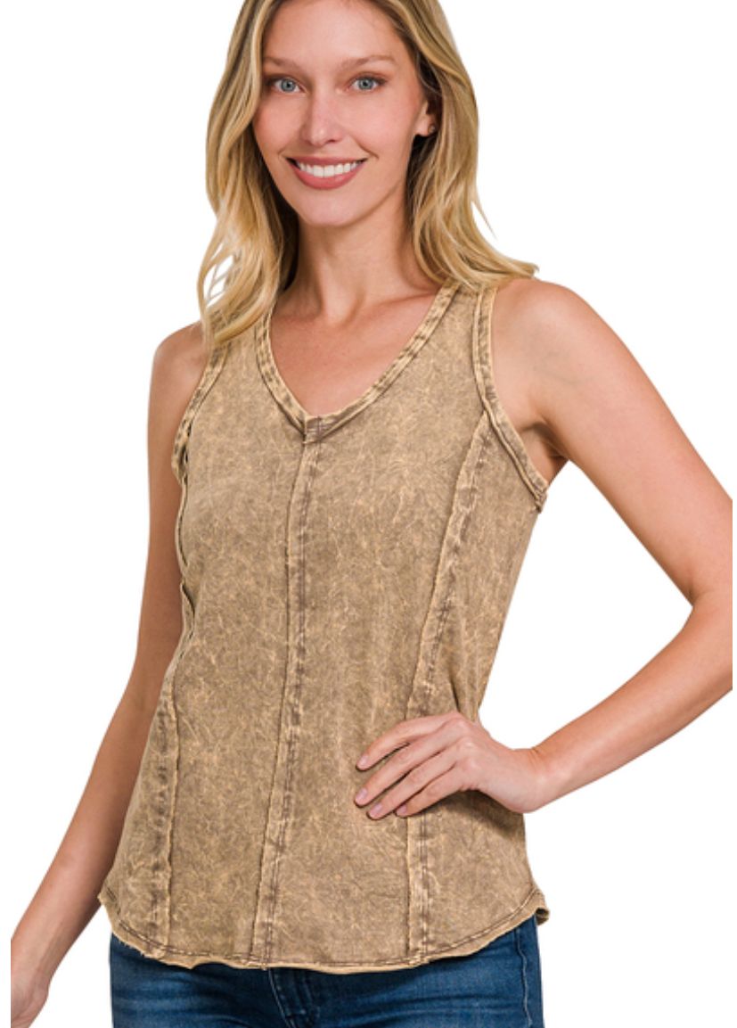 Zenana Mocha Crinkle Washed French Terry Raw Edge Top