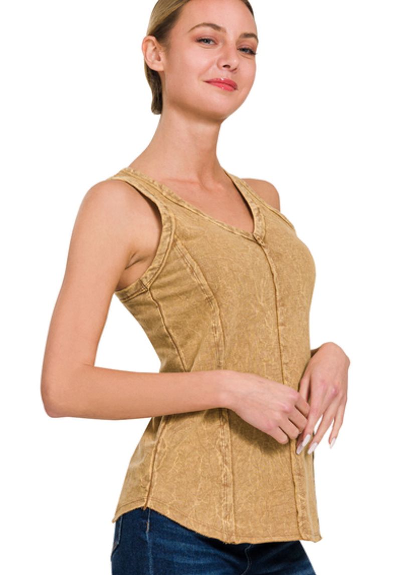 Zenana Dark Camel Crinkle Washed French Terry Raw Edge Top