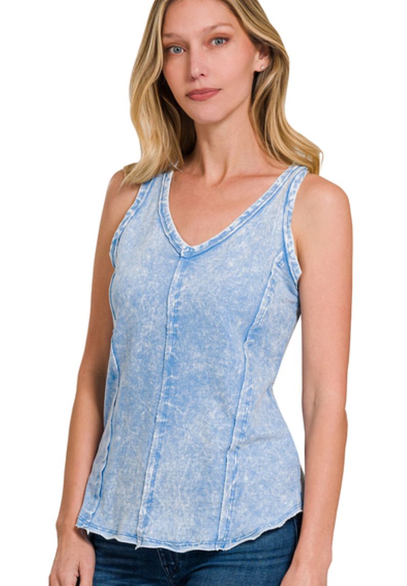 Zenana Deep Sky Crinkle Washed French Terry Raw Edge Top