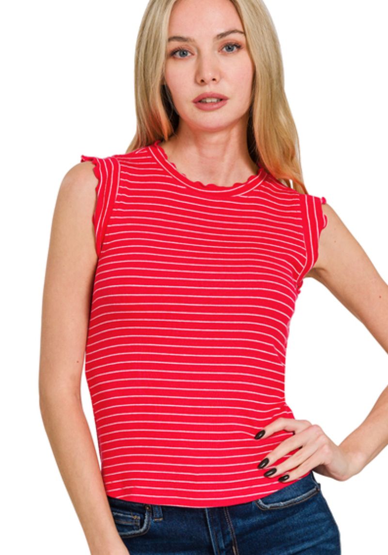 Zenana Ruby/White Stripe Ribbed Ruffle Sleeveless Top