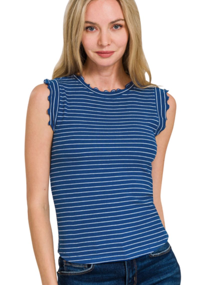 Zenana Light Navy/White Stripe Ribbed Ruffle Sleeveless Top