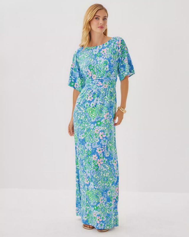 Lilly Pulitzer Parigi Boat Neck Maxi Dres- Sunwashed Blue Plumes In Bloom