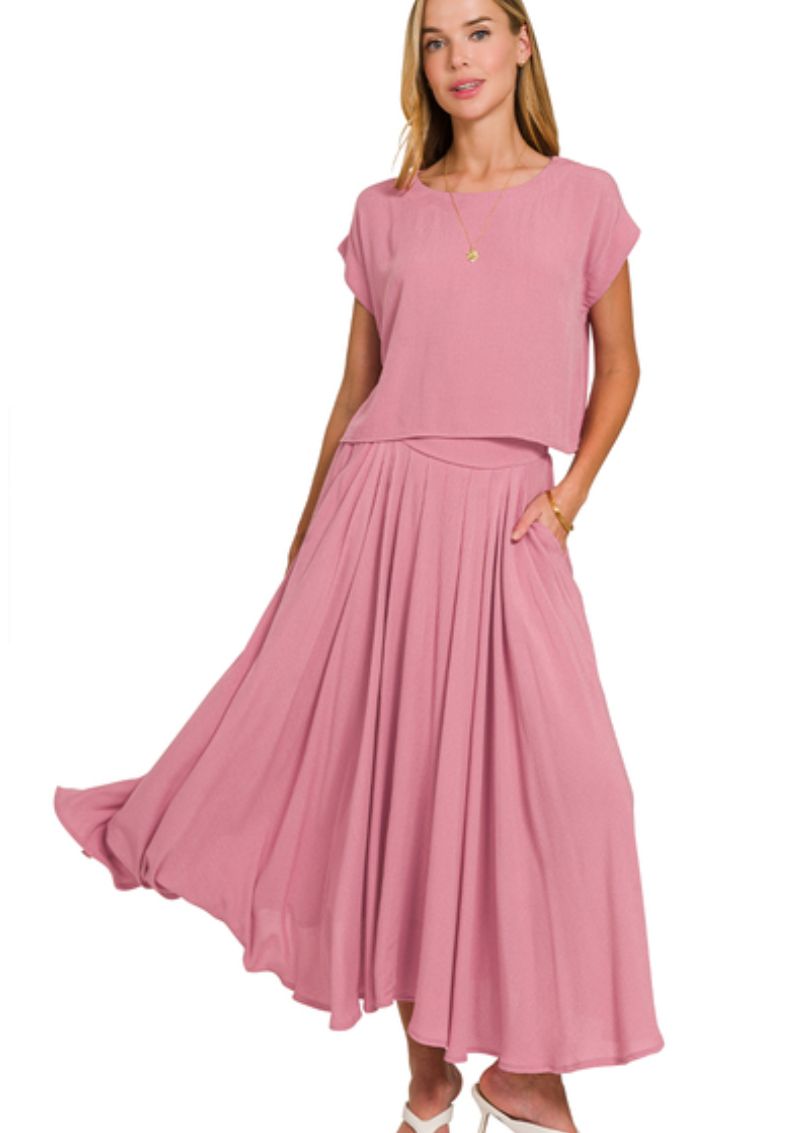 Zenana Light Rose Woven Crop Tee &amp; Skirt Set