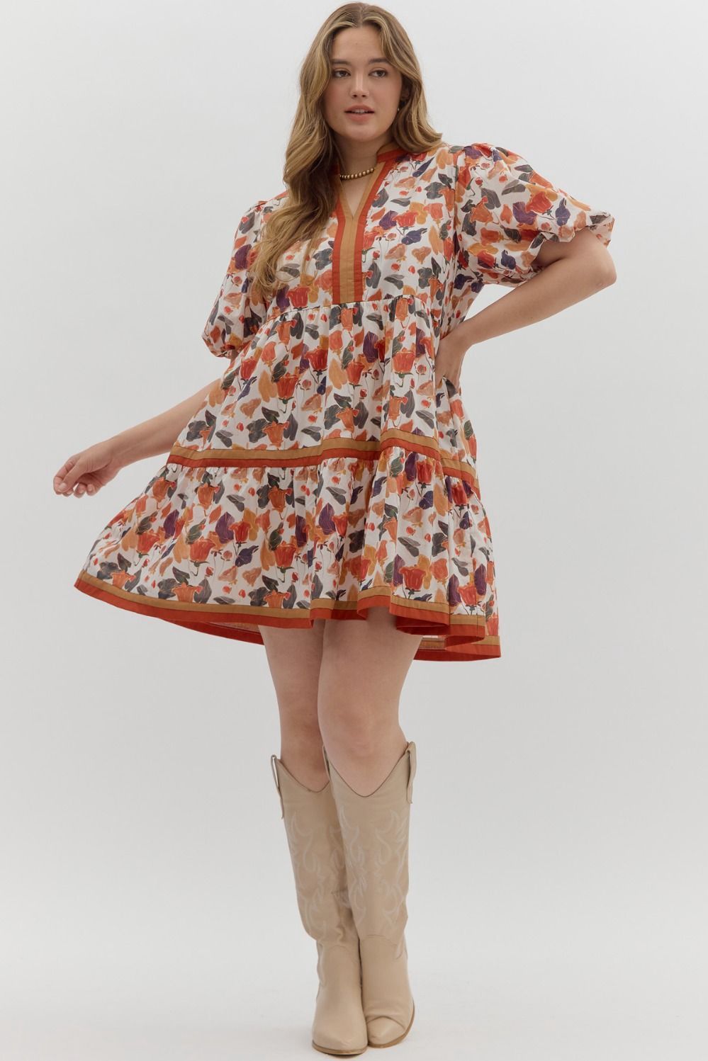Pumpkin Plus Size Floral Print Bubble Sleeve Dress