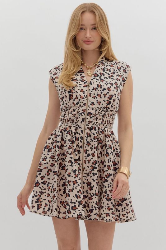 Camel Leopard Pattern Sleeveless Dress