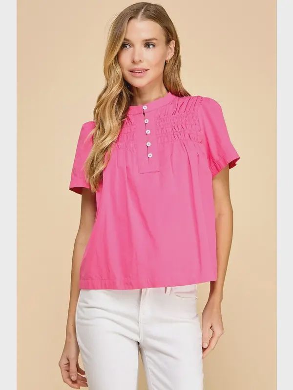TCEC Front and Back Smocked Detail Half Button Blouse- Pink