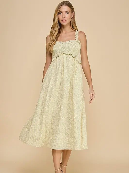 TCEC Ditsy Floral Print Smocked Bust Midi Dress- Yellow
