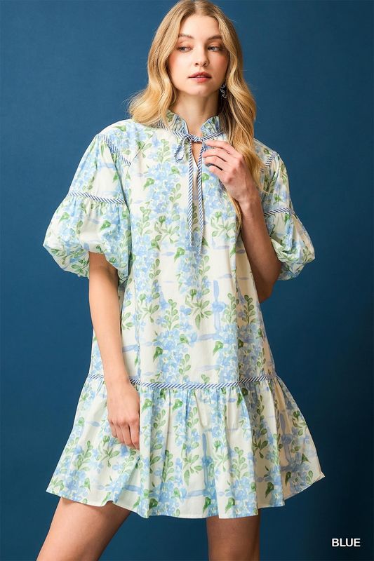 Umgee Hydrangea Blue Floral Breeze Babydoll Dress