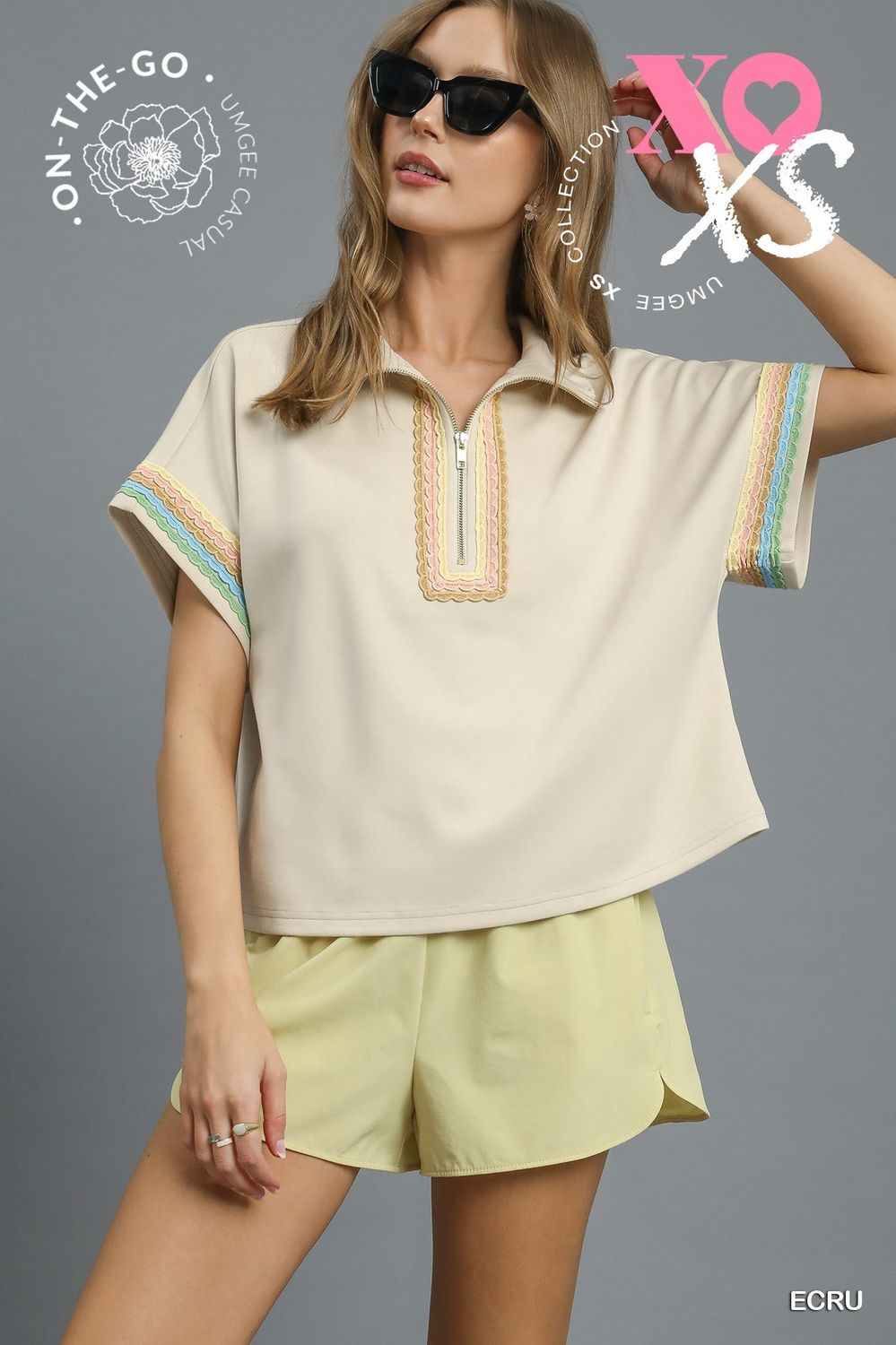 Umgee Ecru Luxeknit Half-Zip Boxy Top with Rainbow Trim