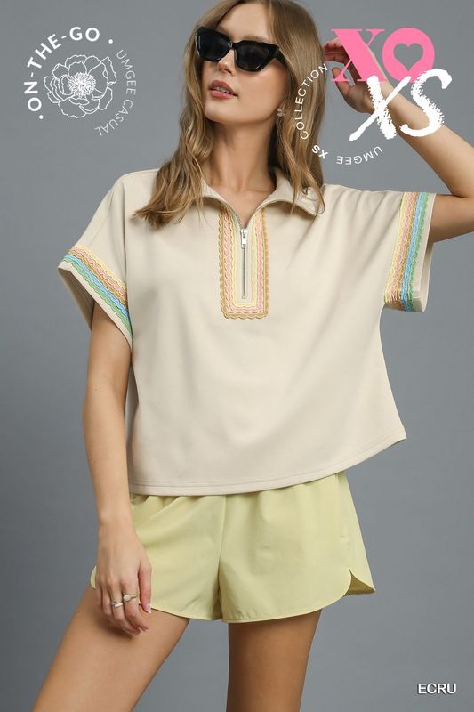 Umgee Ecru Luxeknit Half-Zip Boxy Top with Rainbow Trim