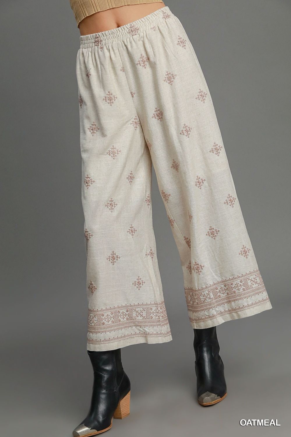 Umgee Oatmeal Aztec Embroidered Wide Leg Pants