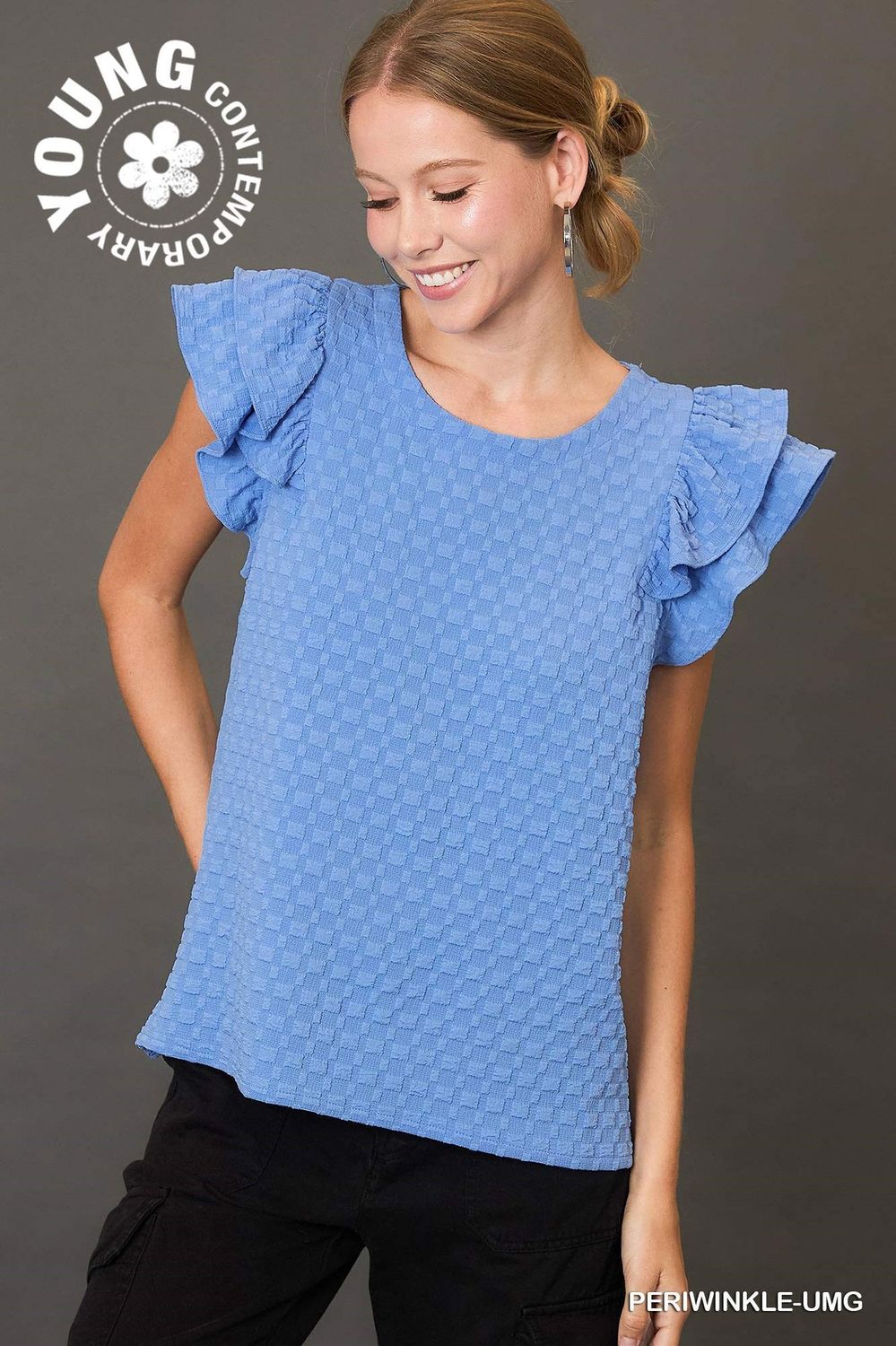 Umgee Periwinkle Blue Textured Jacquard Top with Short Ruffled Sleeves