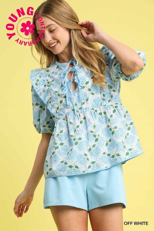 Umgee Hydrangea Floral Puff Sleeve Ruffle Blouse- Off White Mix