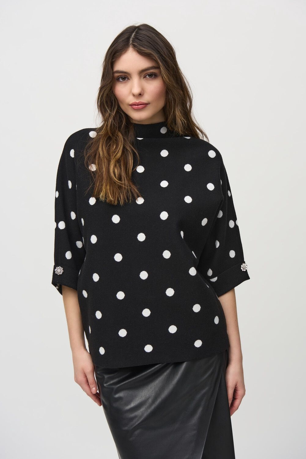 Joseph Ribkoff Black/Vanilla Jacquard Sweater Dot Print Top