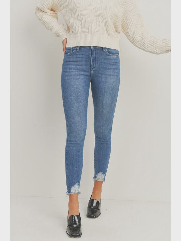 Medium Wash High Rise Ankle Skinny with Destroyed Hem Jeans