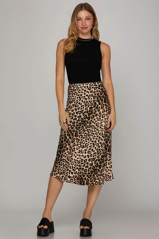 She + Sky Satin Leopard Print Midi Skirt