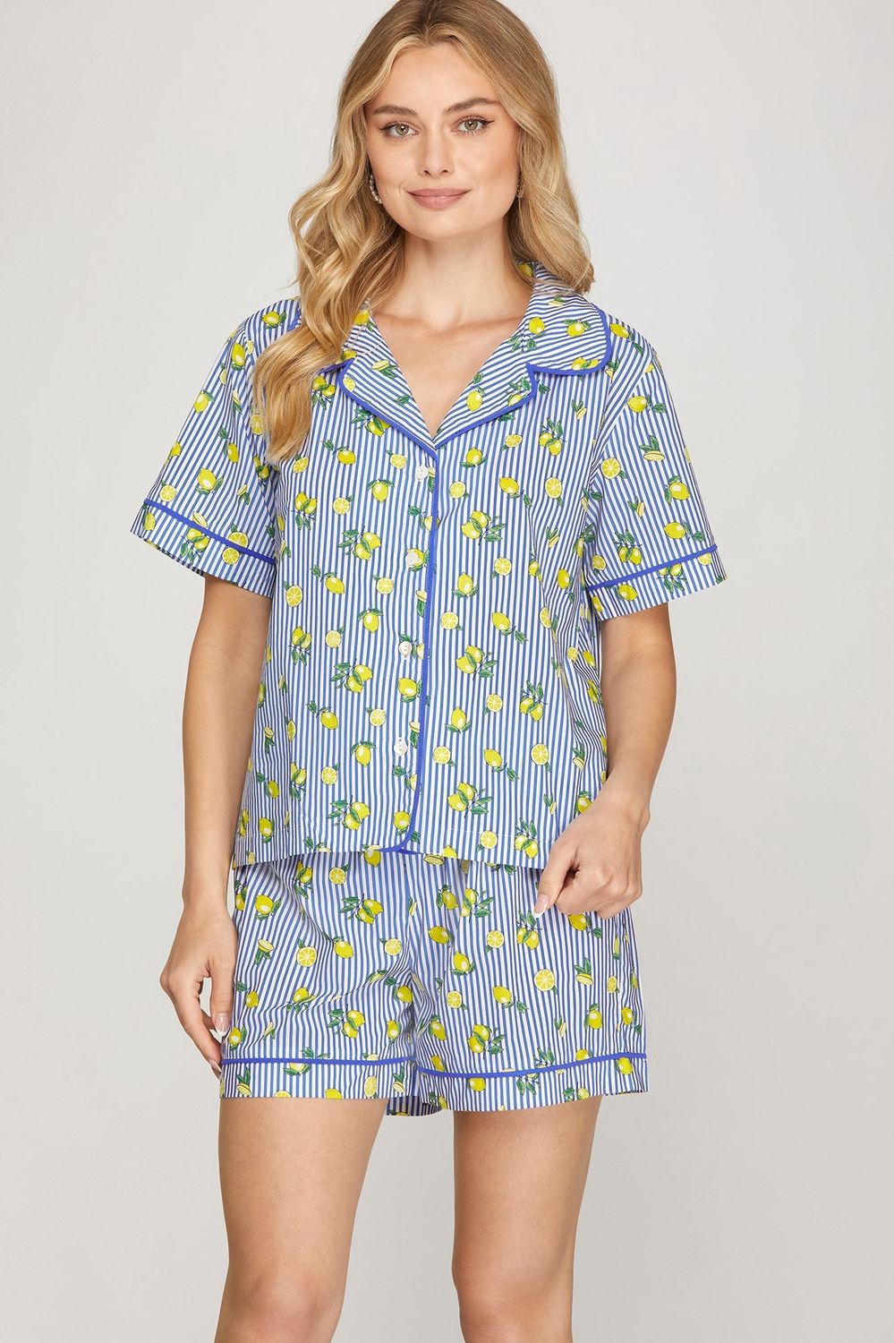 She + Sky Blue Striped with Lemons Pajama Set