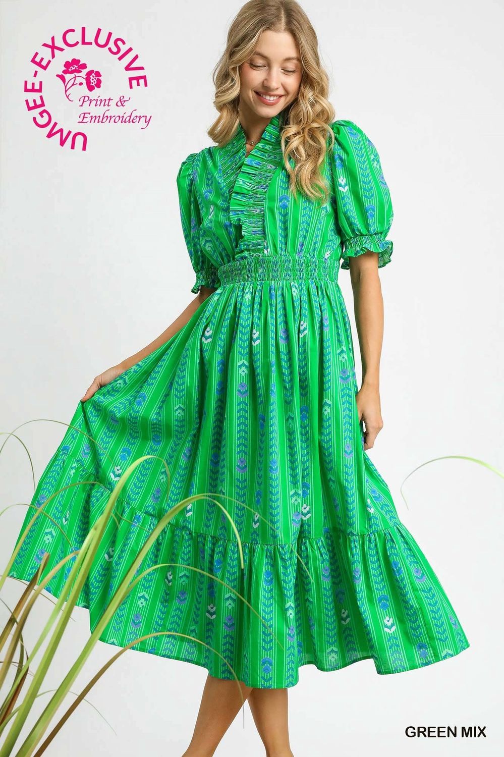 Umgee Vibrant Ruffle Smocked Midi Dress- Green Mix