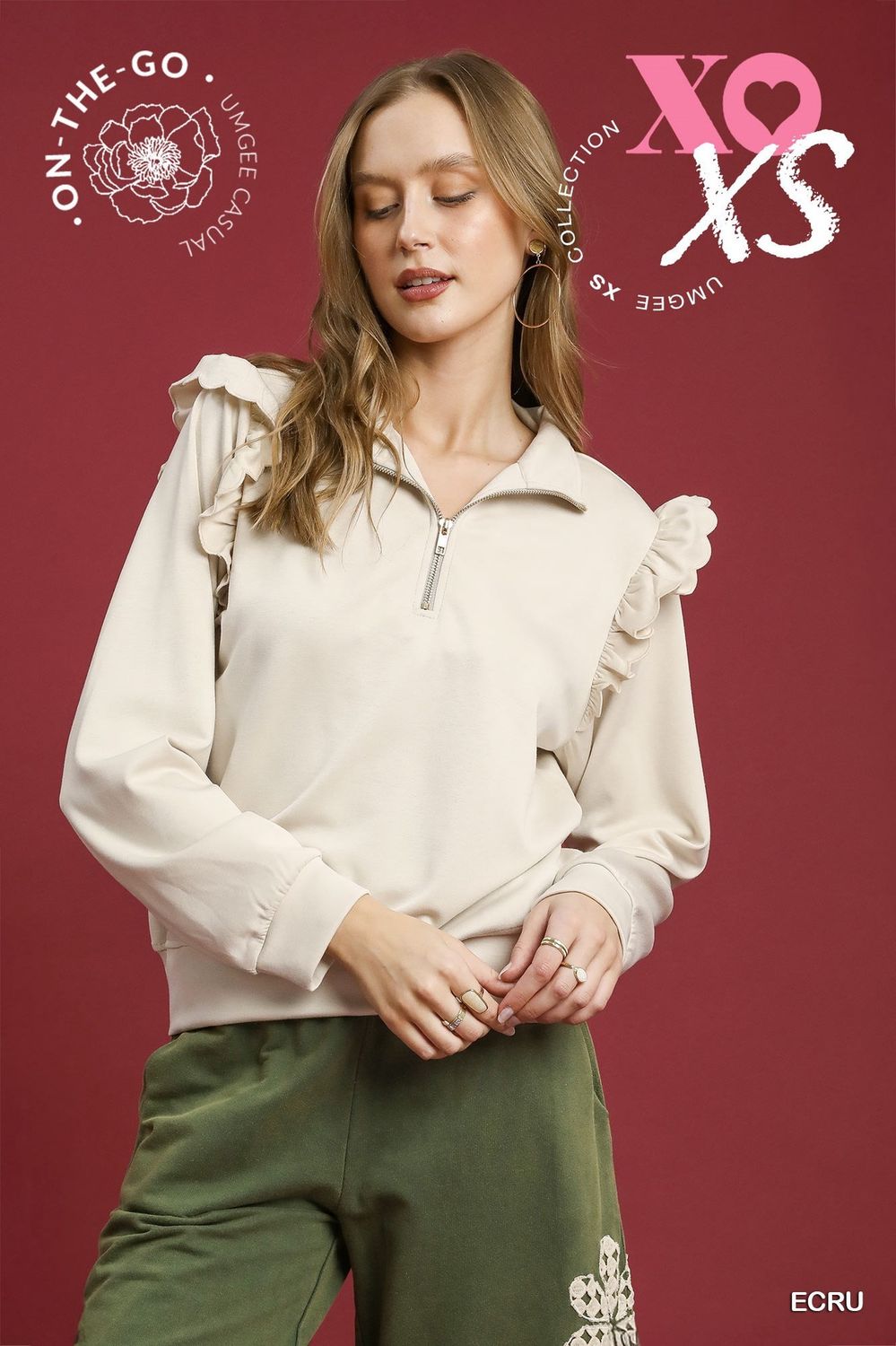 Umgee Luxeknit Ruffle Shoulder Quarter-Zip Pullover- Ecru