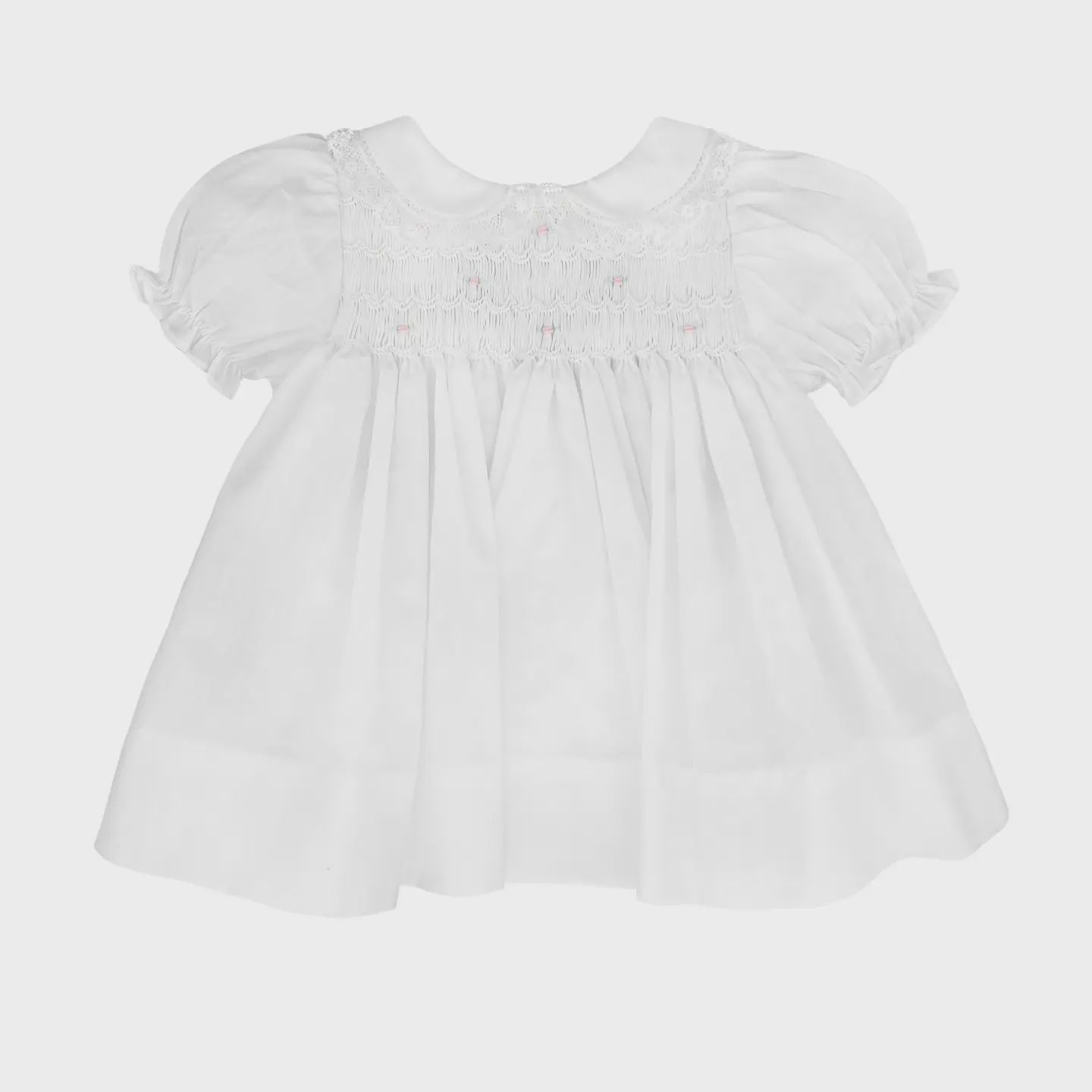 Girls White Fully Smocked Dress with Lace