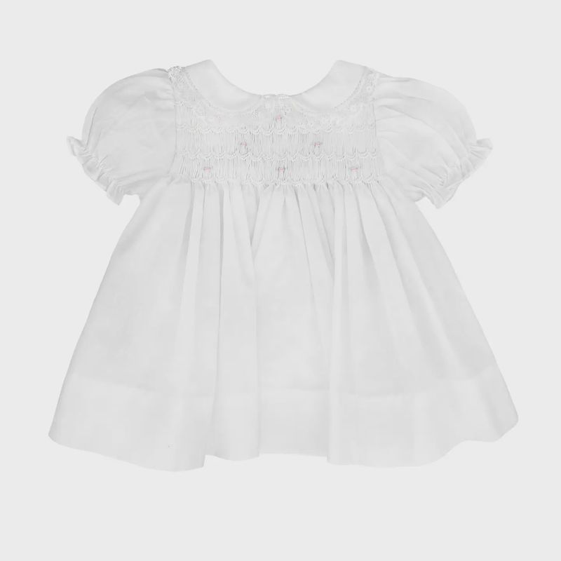 Girls White Fully Smocked Dress with Lace