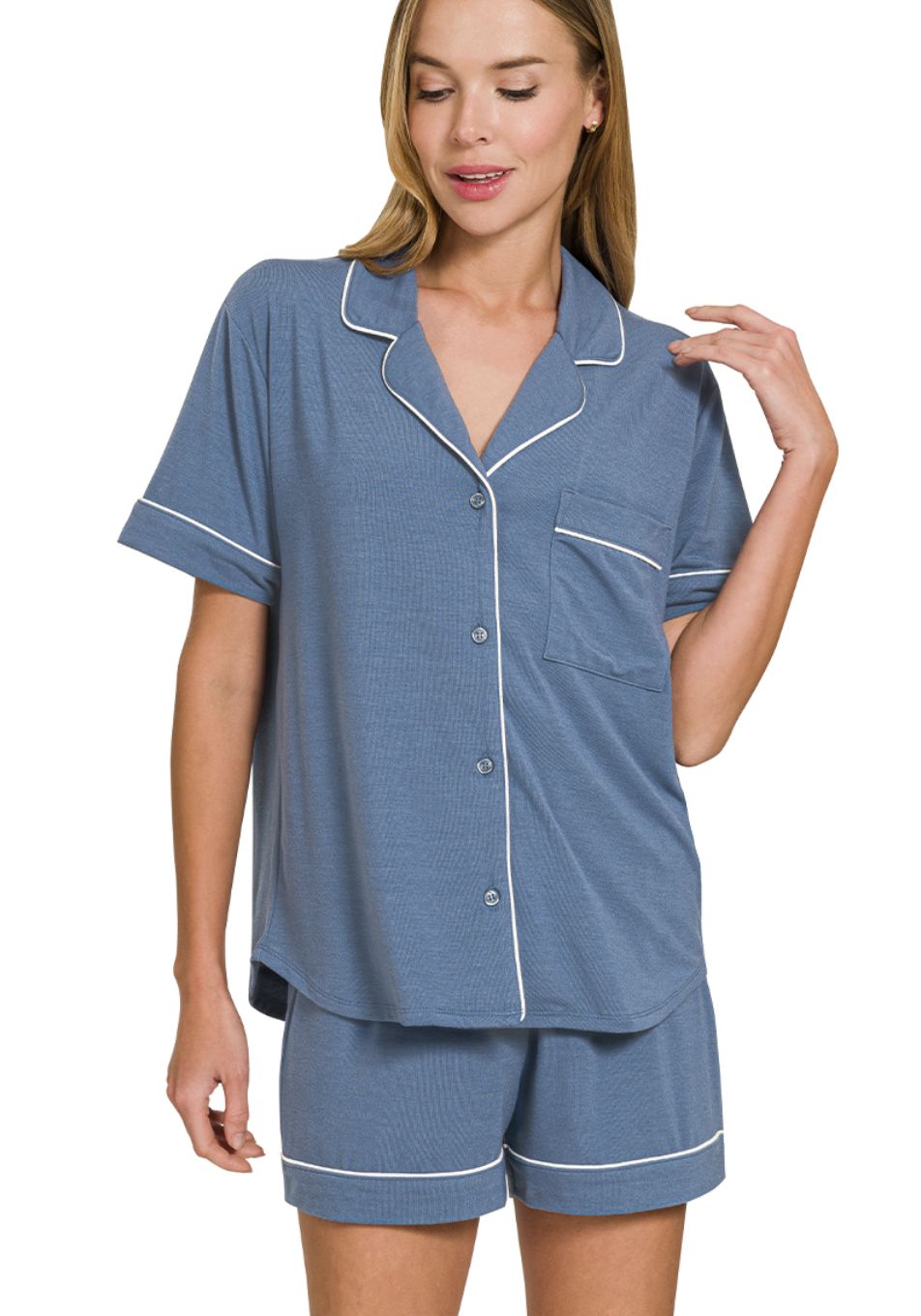 Zenana Dusty Blue Short Sleeve Button Down Lounge Set