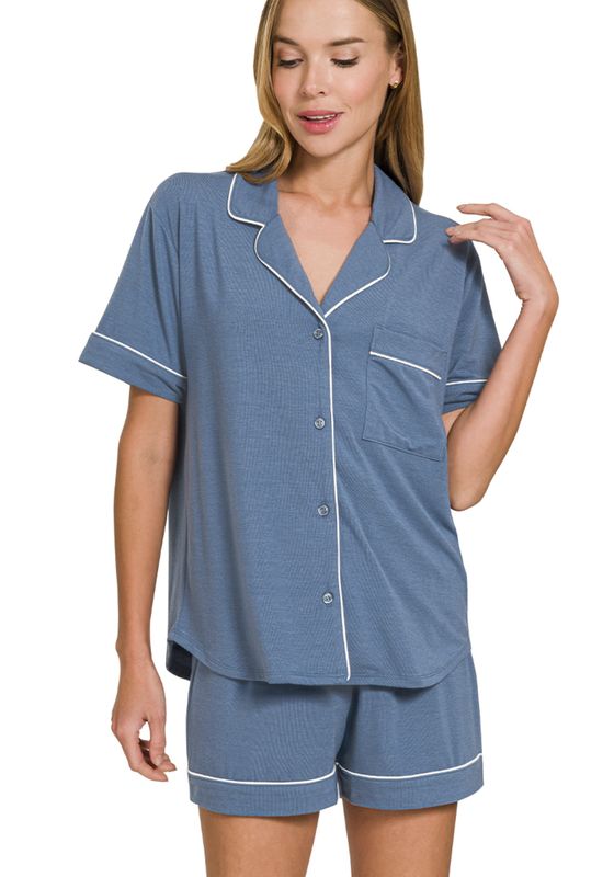 Zenana Dusty Blue Short Sleeve Button Down Lounge Set
