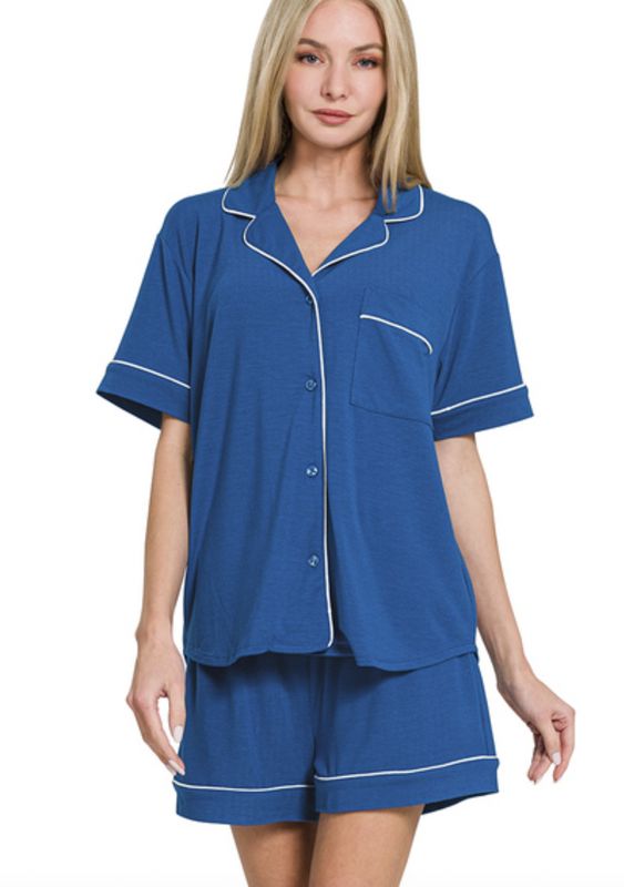 Zenana Classic Blue Short Sleeve Button Down Lounge Set