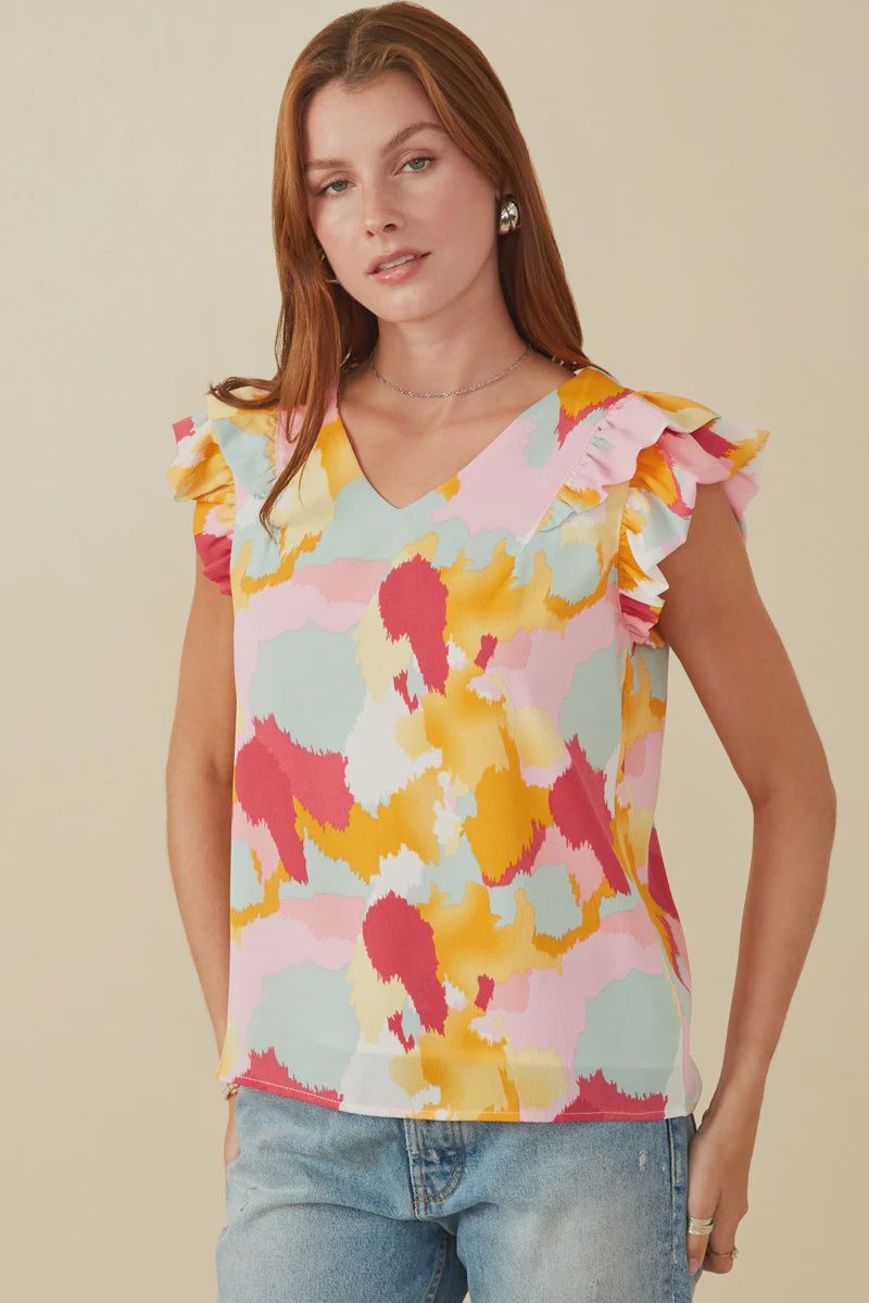 Hayden LA Abstract Print Ruffle On Ruffle V Neck Tank- Pink Mix