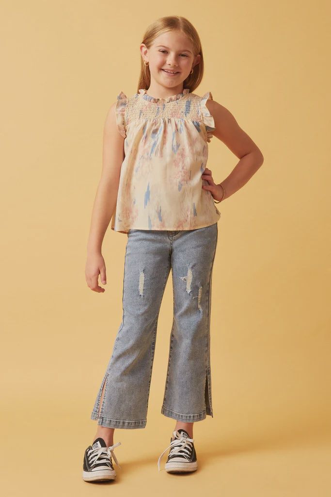 Hayden Girls Watercolor Smocked Ruffled Tank-Ivory