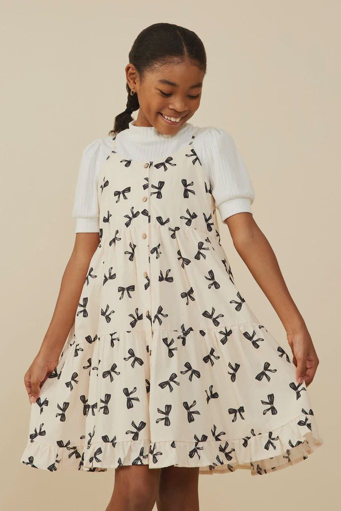 Hayden Girls Ivory Bow Print Button Detail Tiered Tank Dress