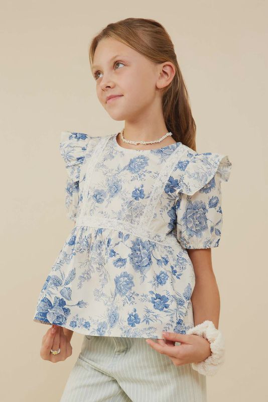 Hayden Girls Blue/White Antique Floral Lace Trimmed Ruffle Top
