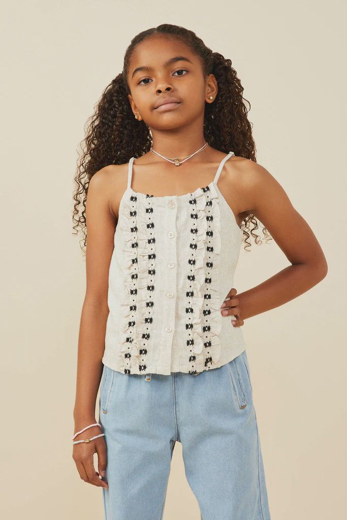 Hayden Girls Oatmeal Ruffled Tape Trim Linen Tank