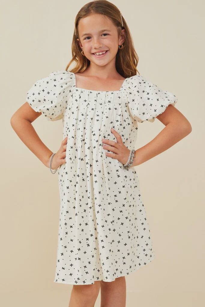 Hayden Girls Ivory Ditsy Bow Print Box Pleated Puff Sleeve Dress