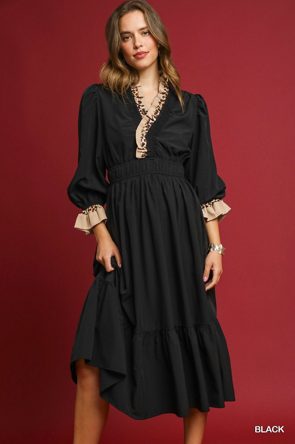 Umgee Ruffle Trim Midi Dress with Leopard Accent- Black