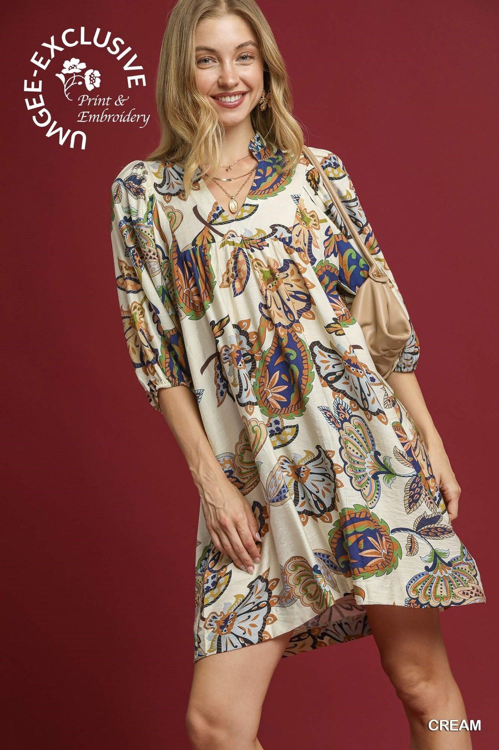 Umgee Cream Abstract Print Puff Sleeve Babydoll Dress