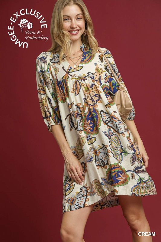 Umgee Cream Abstract Print Puff Sleeve Babydoll Dress