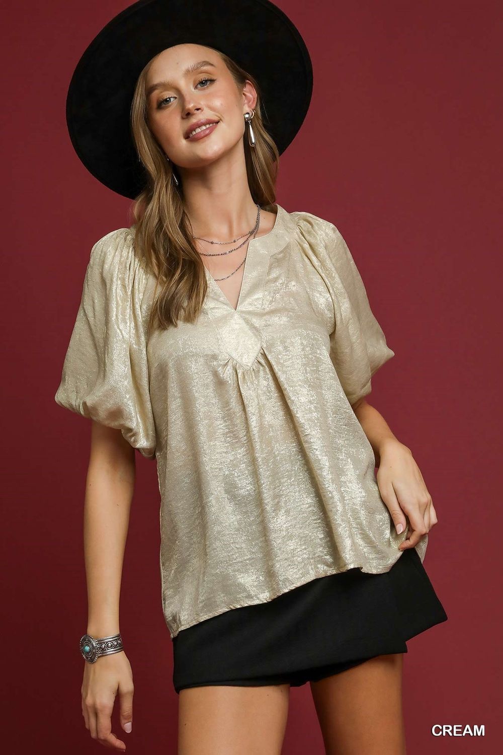 Umgee Cream Metallic Puff Sleeve Blouse