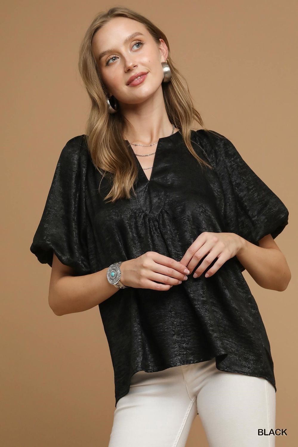 Umgee Black Metallic Puff Sleeve Blouse