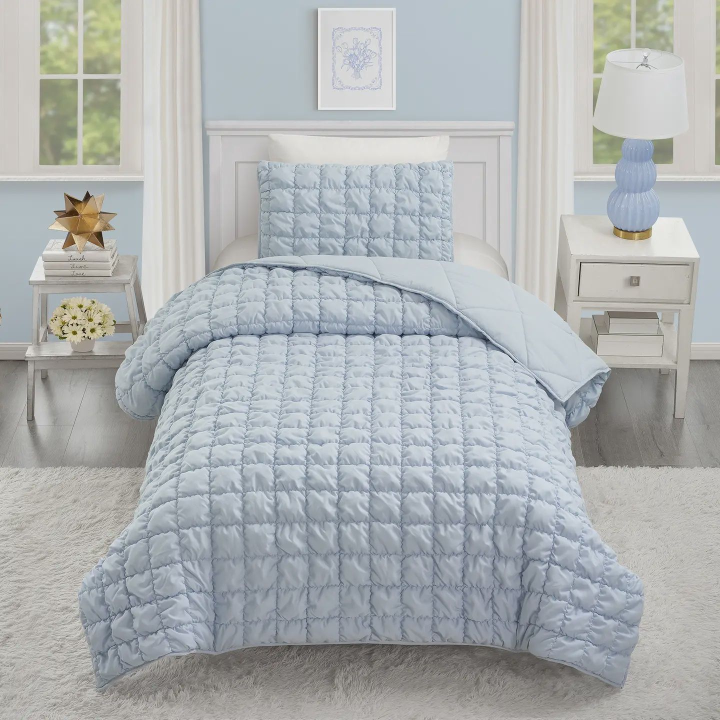 Peking Handicraft Dreamy Clouds Solid Quilt Set - Blue - Urban Playground- Twin/ Twin XL