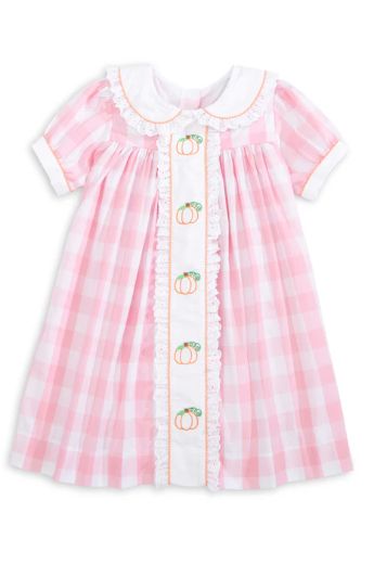 Posh Pickle Proper Pumpkins Pink Gingham A-Line Dress with Pumpkin Embroidery