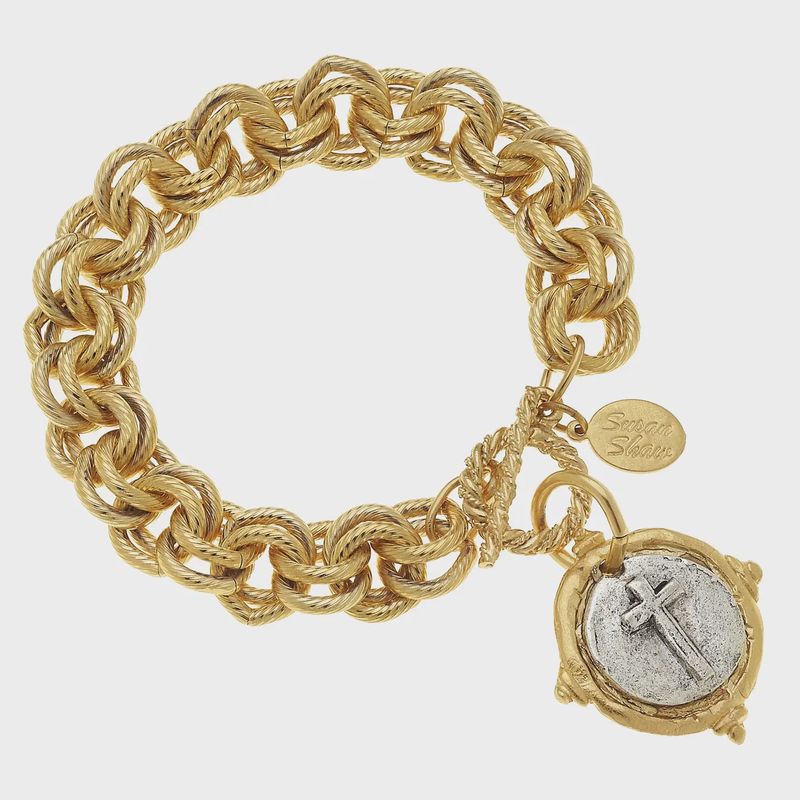Susan Shaw Gold and Silver Italian Intaglio Cross Bracelet