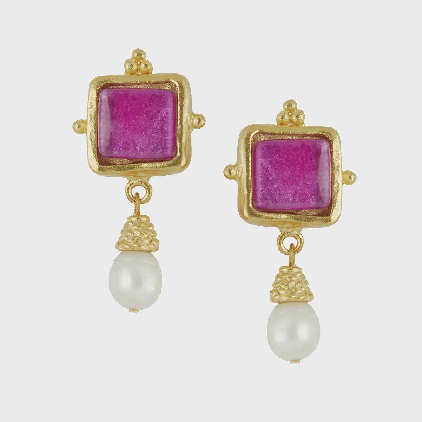 Susan Shaw Gold/Fuchsia Glass + Pearl Earrings