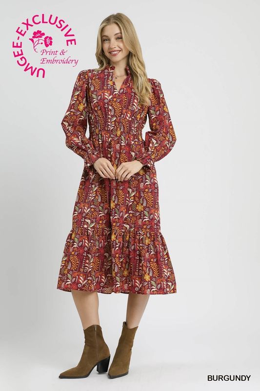 Umgee Floral Midi Dress with Smocked Waist- Burgundy Mix