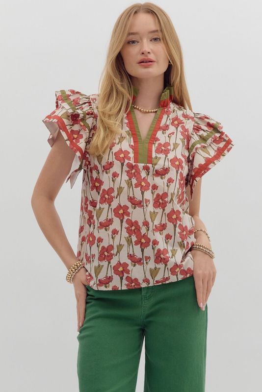 Entro Floral Print Flutter Sleeve Top- Rust