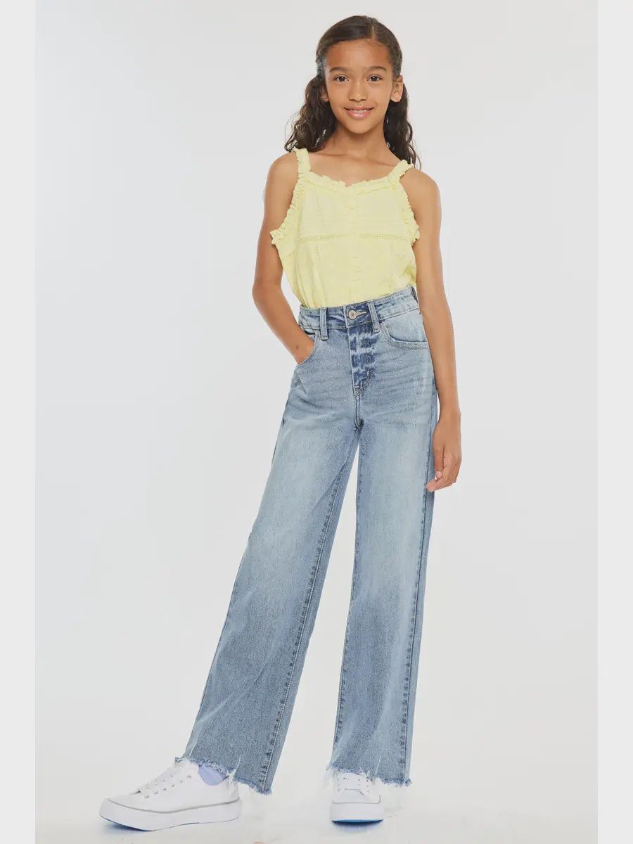 Kancan Youth High Rise Slim Wide Leg Jeans- Medium Wash