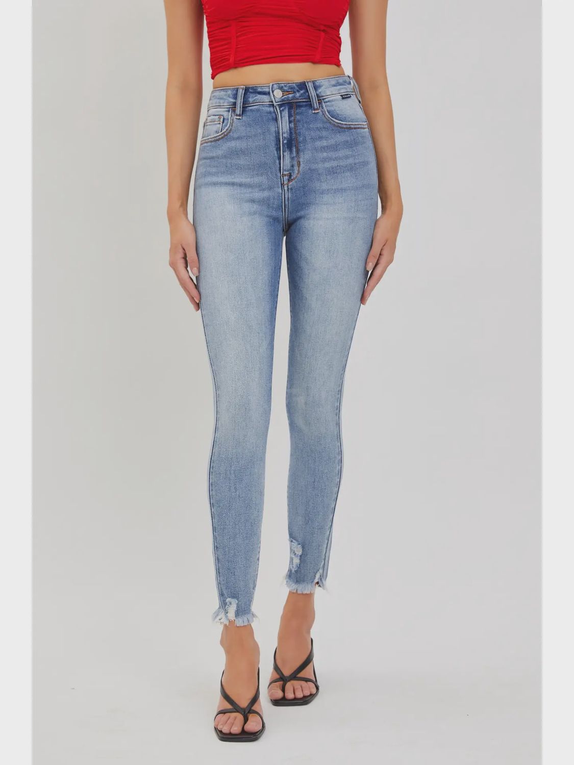 Cello High Rise Ankle Skinny with Frayed Hem- Medium Wash